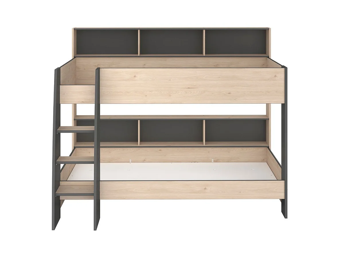 Lits 90x200 superposés aspect bois avec niches fond anthracite - LEANE