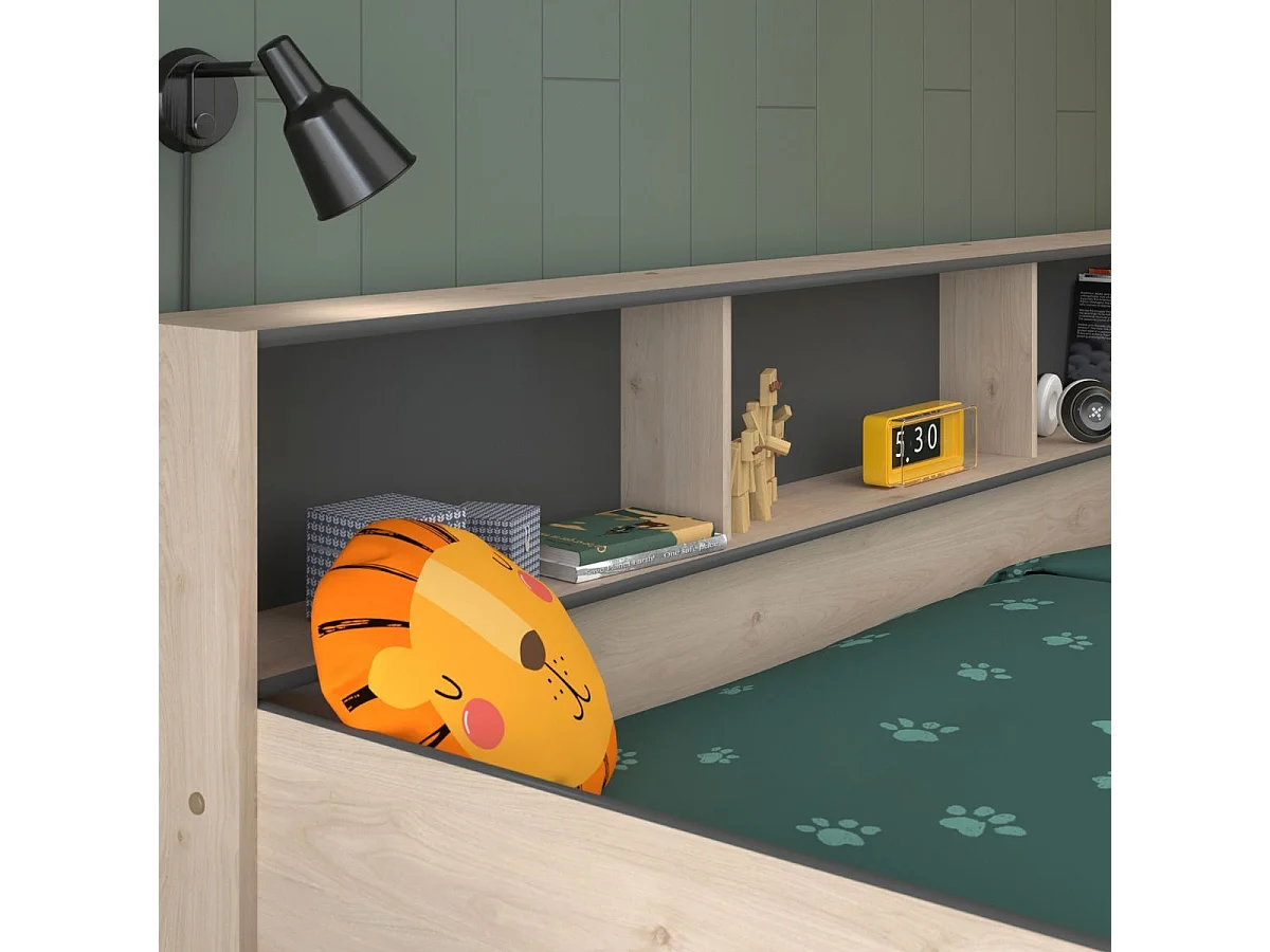 Lits 90x200 superposés aspect bois avec niches fond anthracite - LEANE
