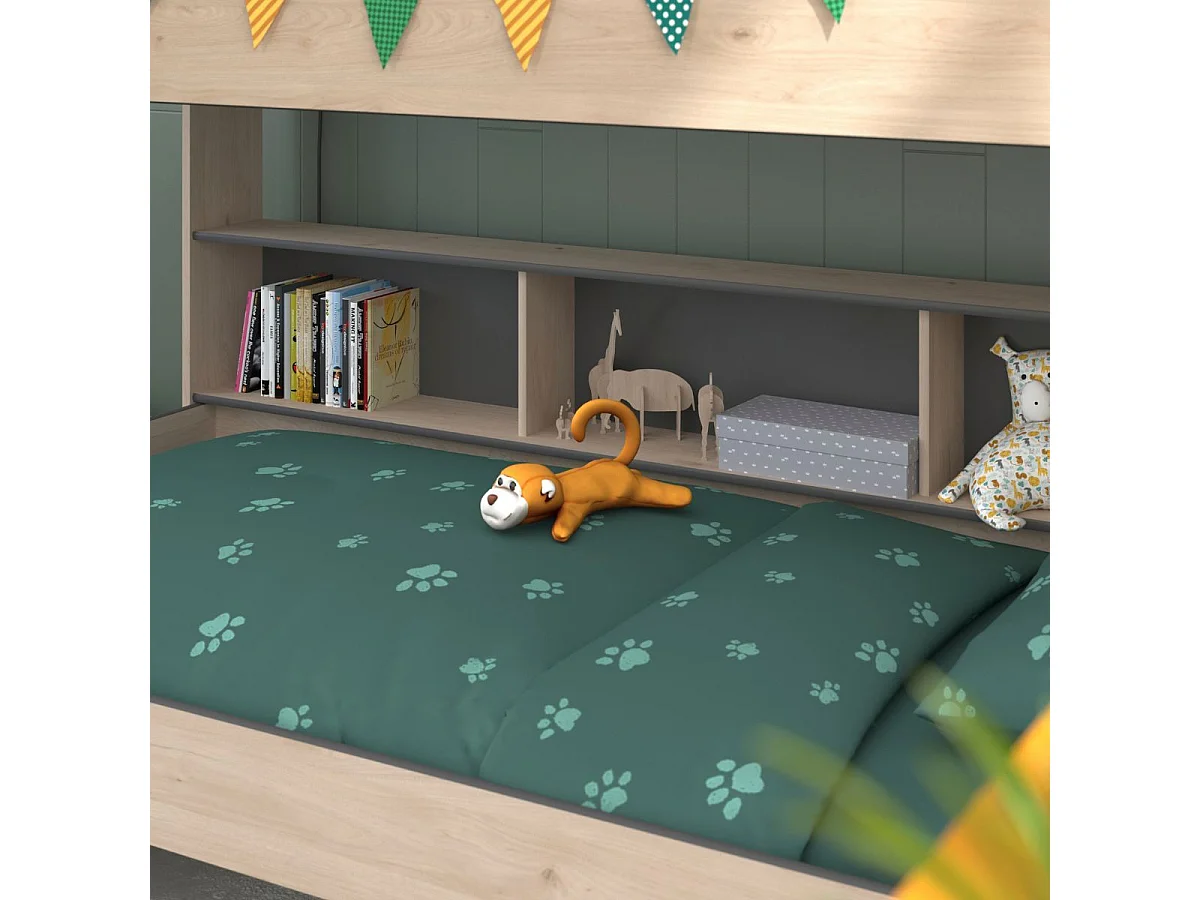 Lits 90x200 superposés aspect bois avec niches fond anthracite - LEANE