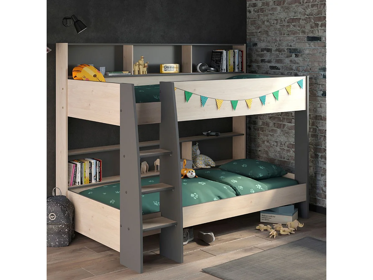 Lits 90x200 superposés aspect bois avec niches fond anthracite - LEANE