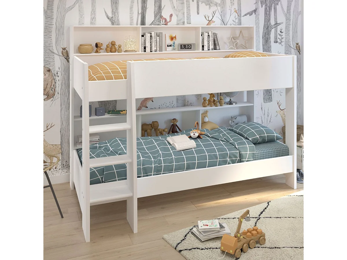 Lits 90x200 superposés blanc avec niches fond aspect bois ou blanches - LEANE