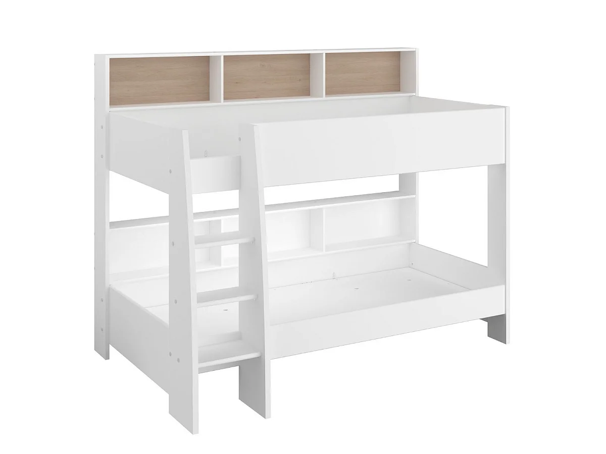 Lits 90x200 superposés blanc avec niches fond aspect bois ou blanches - LEANE