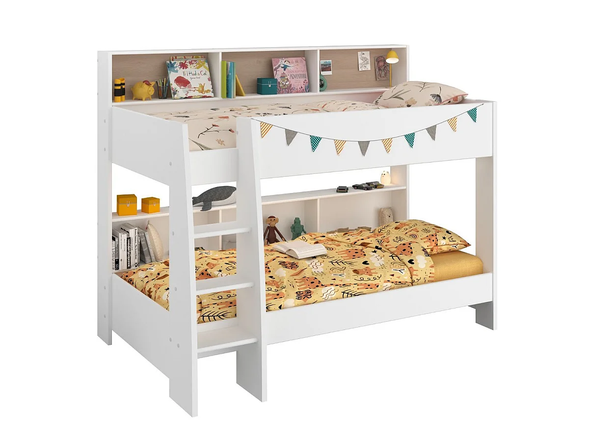 Lits 90x200 superposés blanc avec niches fond aspect bois ou blanches - LEANE