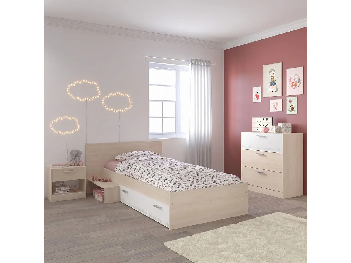 Chambre lit 90x190 avec 1 chevet et 1 commode - CHARLINE
