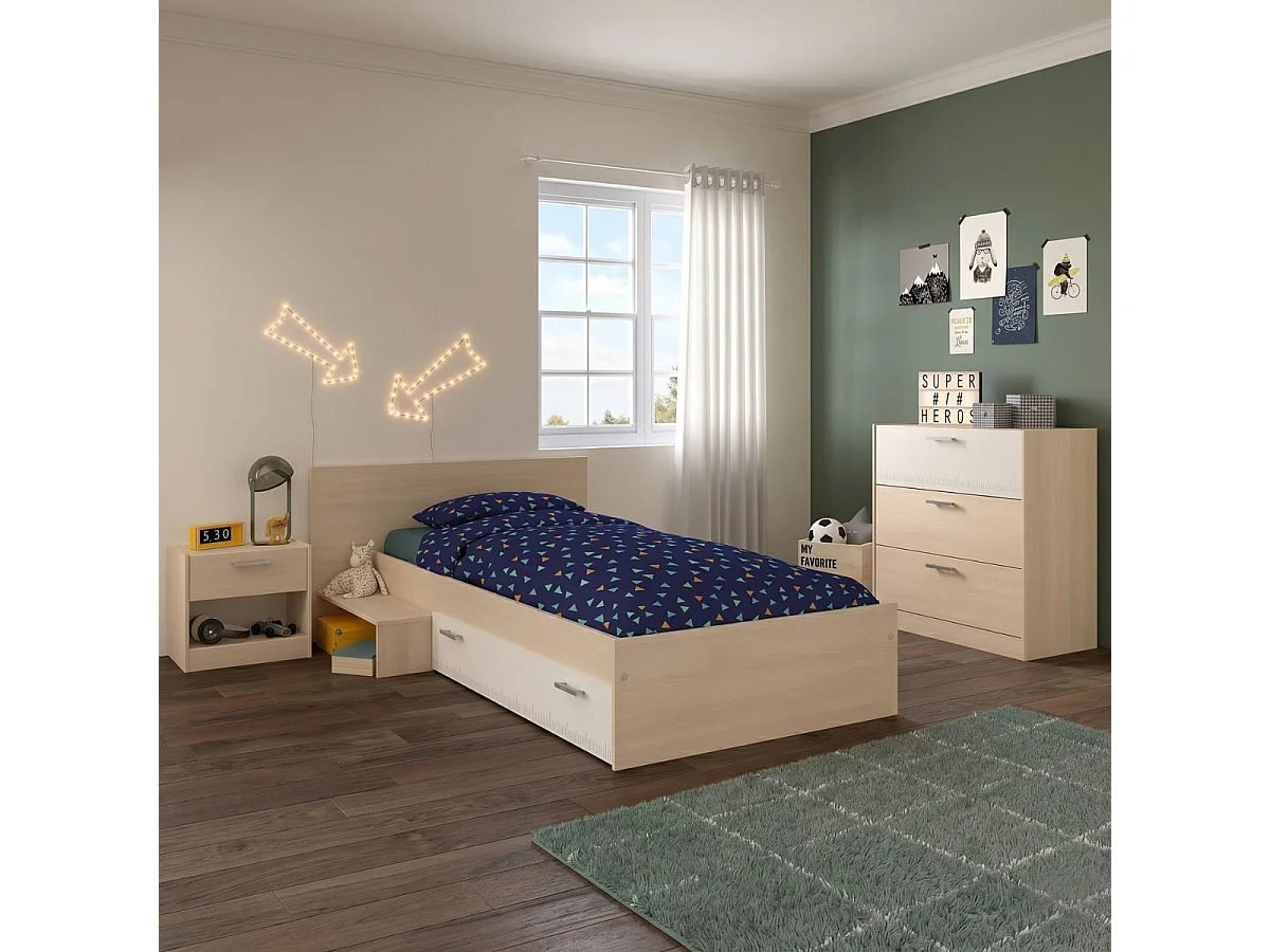 Chambre lit 90x190 avec 1 chevet et 1 commode - CHARLINE