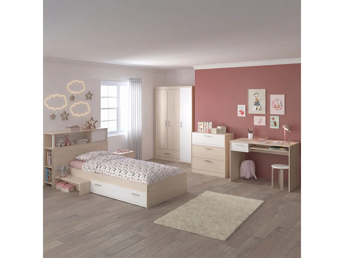Chambre complète lit 90x190 avec environnement + armoire 2P + bureau + commode - CHARLINE