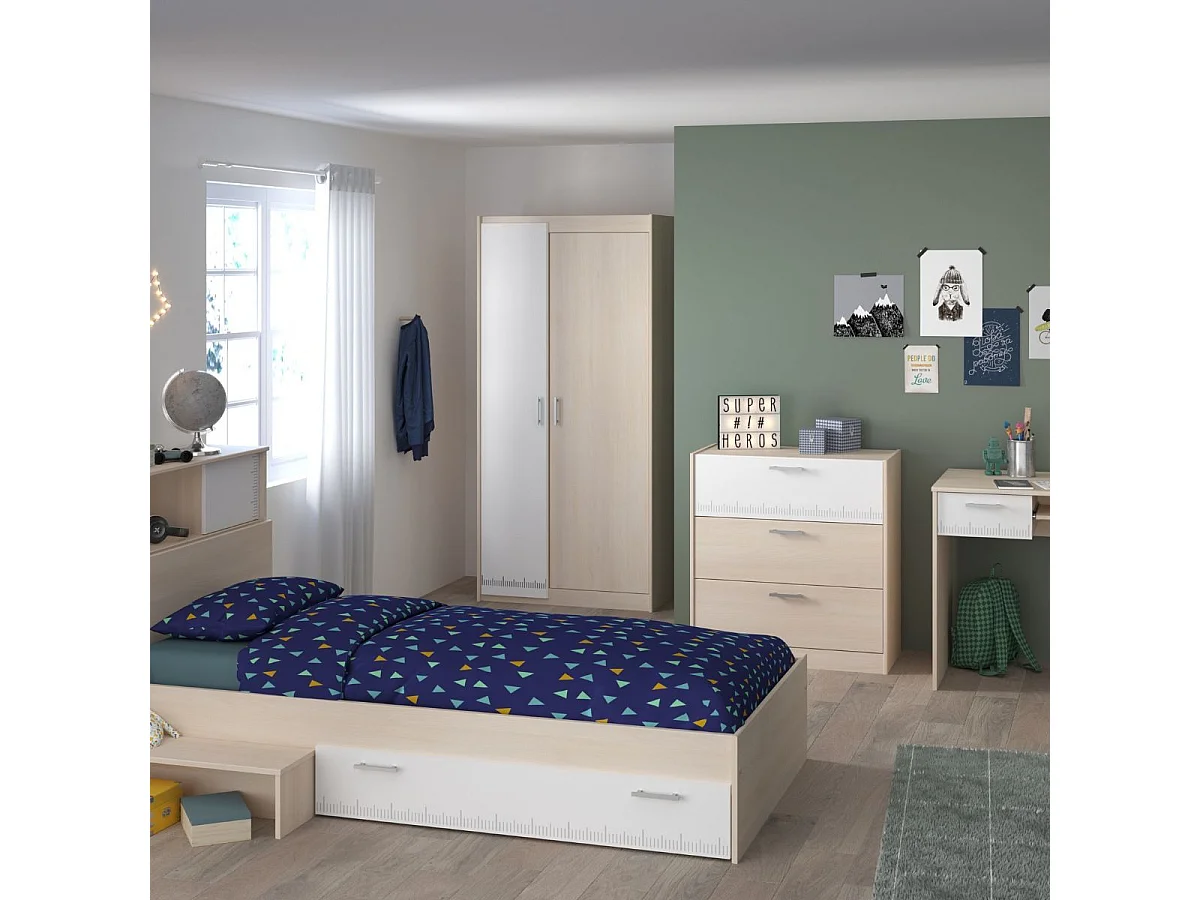 Chambre complète lit 90x190 avec environnement + armoire 2P + bureau + commode - CHARLINE