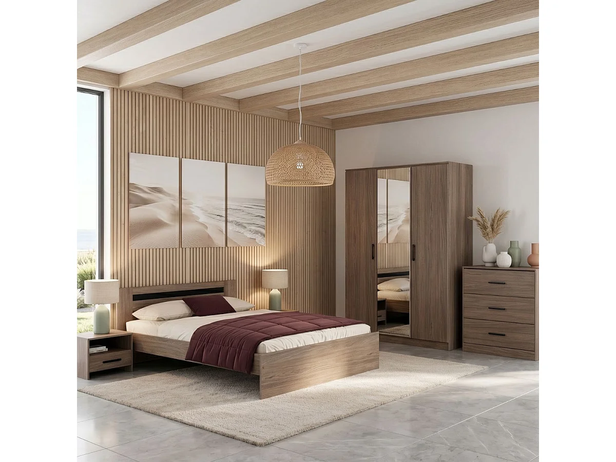 Chambre complète lit 140x190 avec 2 chevets 1 armoire 3P et 1 commode - KASUAL