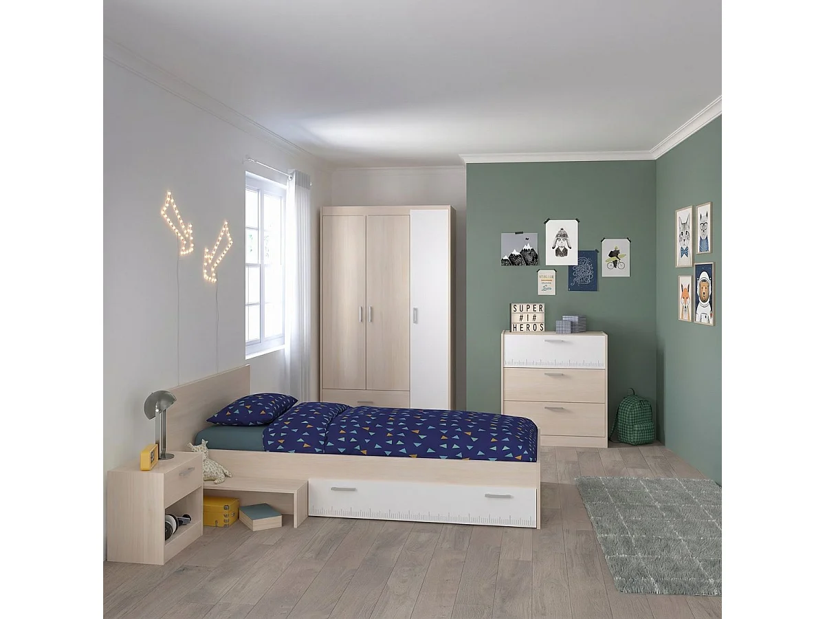 Chambre lit 90x190 avec 1 chevet 1 armoire 3P et 1 commode - CHARLINE