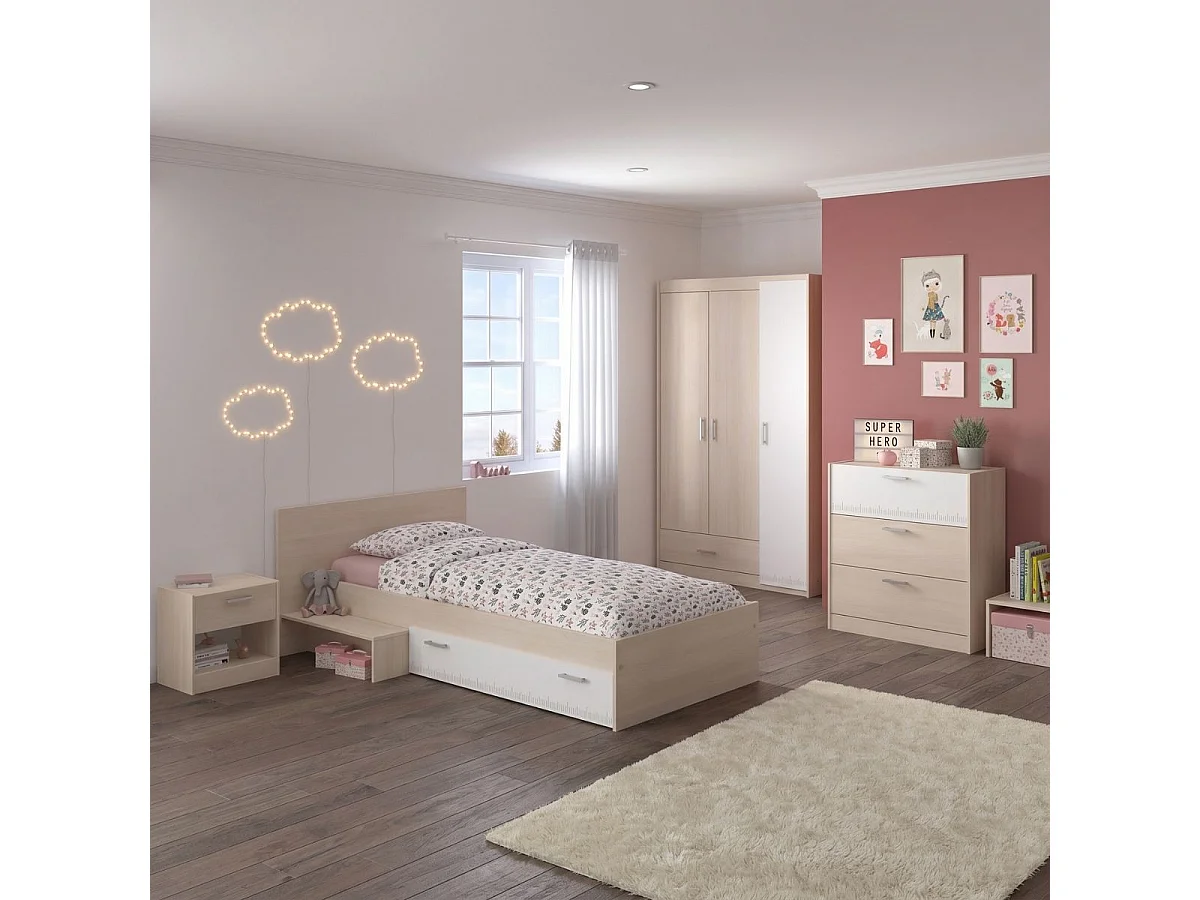 Chambre lit 90x190 avec 1 chevet 1 armoire 3P et 1 commode - CHARLINE