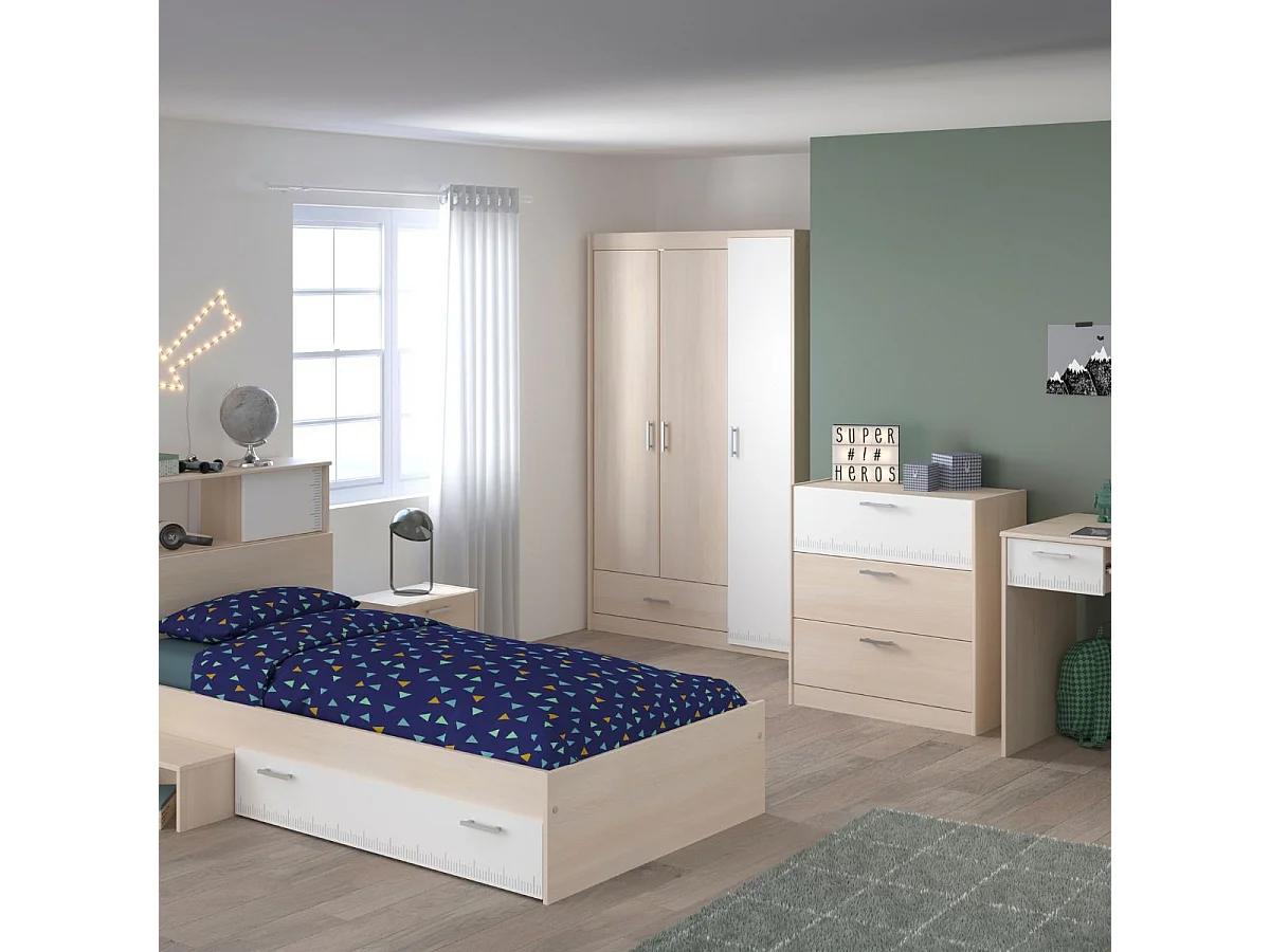 Chambre complète lit 90x190 avec environnement + armoire 3P + bureau + commode - CHARLINE