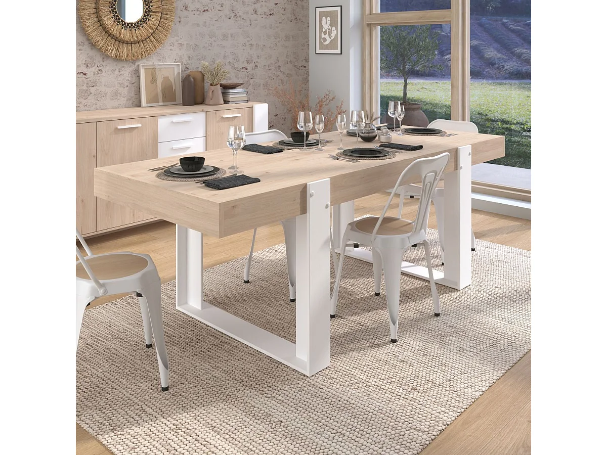 Table repas 220cm plateau aspect chêne pieds U en métal blanc - YOUENN
