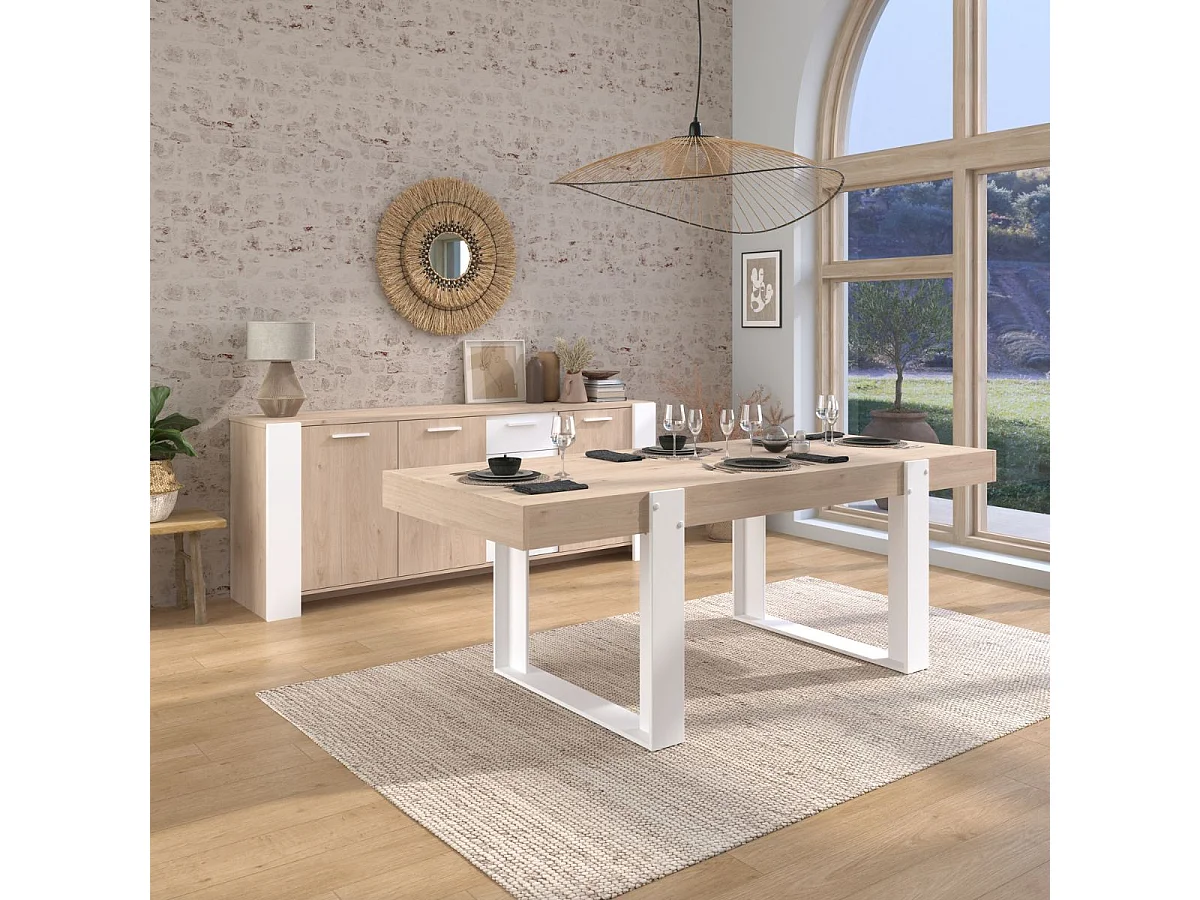 Table repas 220cm plateau aspect chêne pieds U en métal blanc - YOUENN