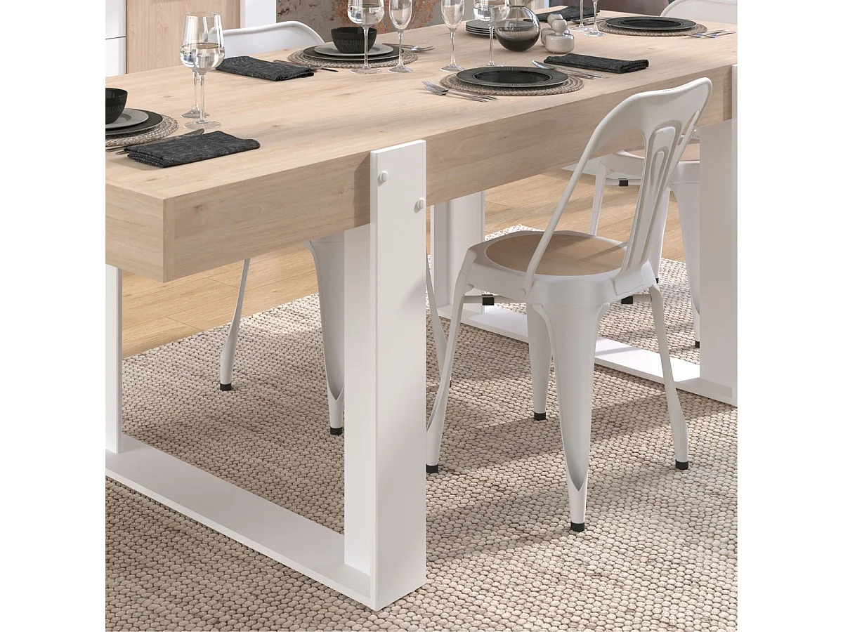 Table repas 220cm plateau aspect chêne pieds U en métal blanc - YOUENN