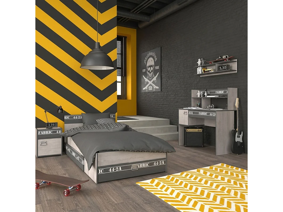 Chambre lit 90x200 avec tiroirs + 1 chevet + 1 bureau aspect bois grisé - ZIGGY