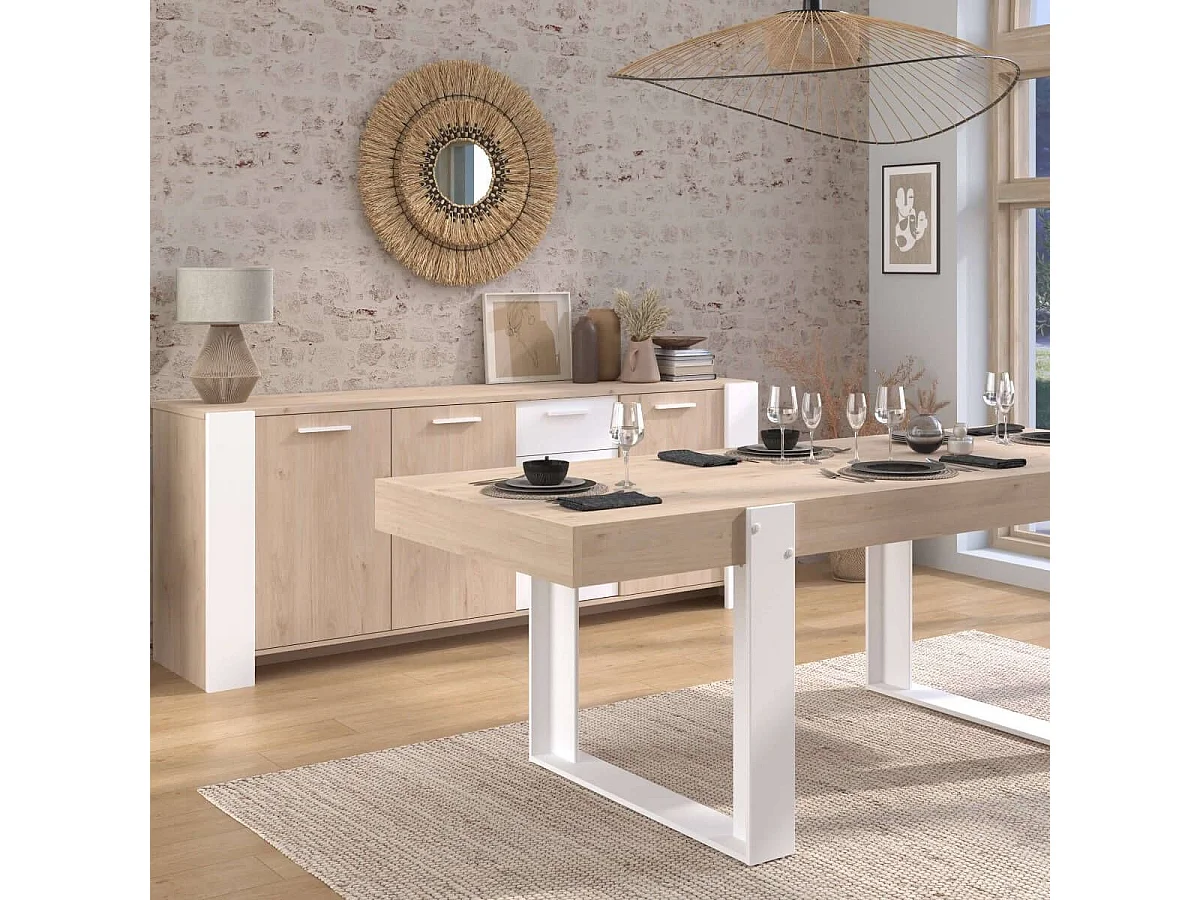 Ensemble séjour table repas 220cm + buffet 3 portes aspect bois et blanc - YOUENN