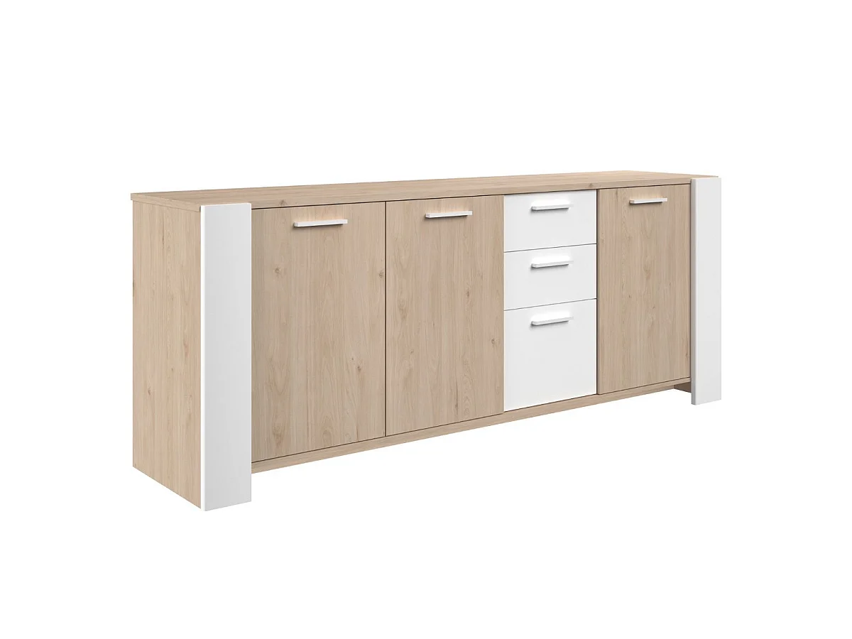 Ensemble séjour table repas 220cm + buffet 3 portes aspect bois et blanc - YOUENN