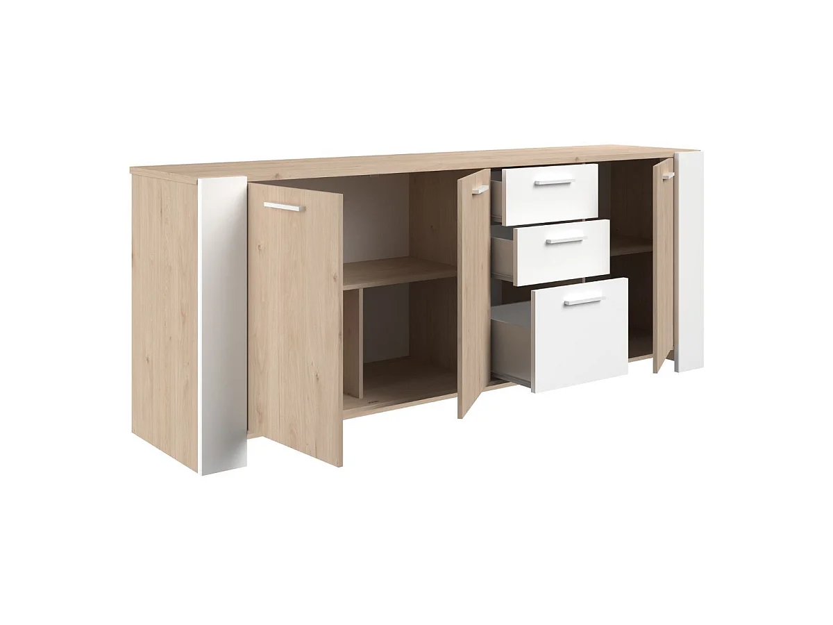 Ensemble séjour table repas 220cm + buffet 3 portes aspect bois et blanc - YOUENN