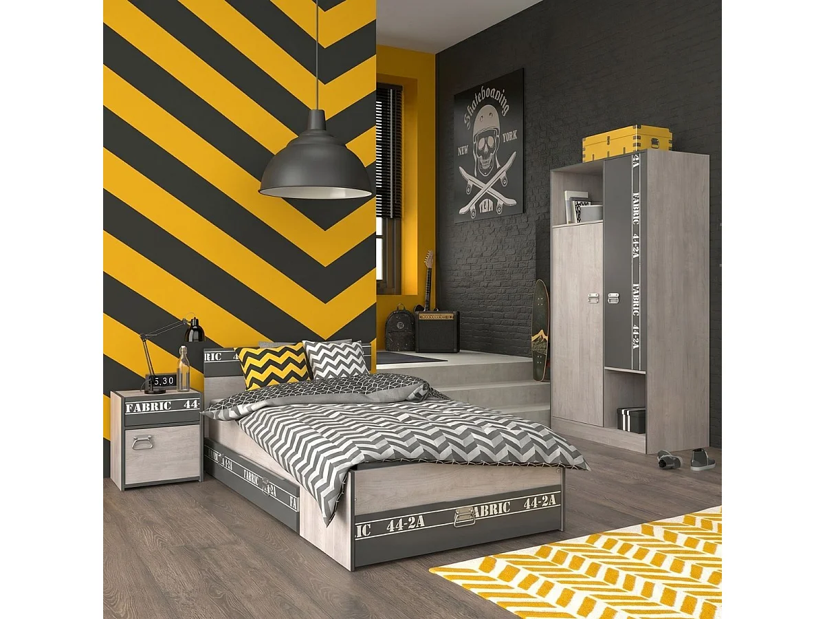 Chambre lit 90x200 avec tiroirs + 1 chevet + 1 armoire aspect bois grisé - ZIGGY