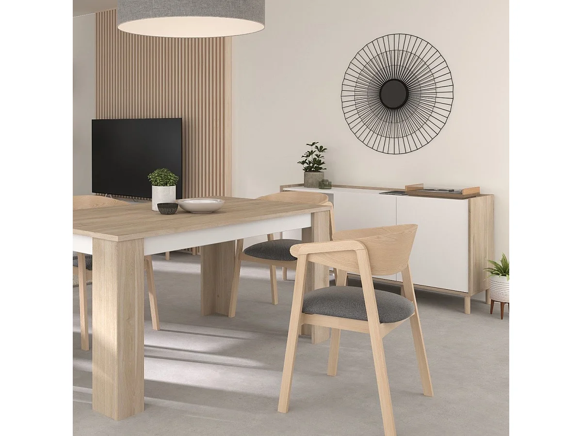 Ensemble séjour table repas 160cm + buffet 3 portes blanc et aspect bois clair - ORPHÉE