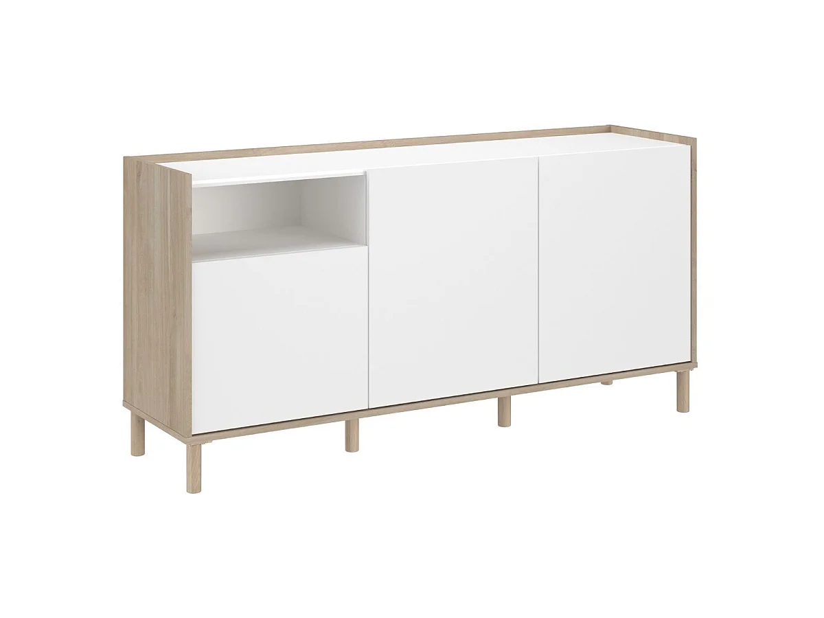 Ensemble séjour table repas 160cm + buffet 3 portes blanc et aspect bois clair - ORPHÉE