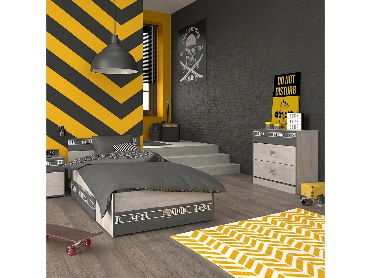 Chambre lit 90x200 avec tiroirs + 1 chevet + 1 commode aspect bois grisé - ZIGGY