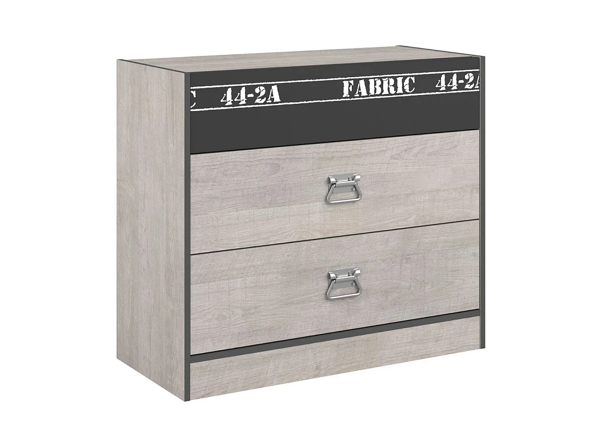 Chambre lit 90x200 avec tiroirs + 1 chevet + 1 commode aspect bois grisé - ZIGGY