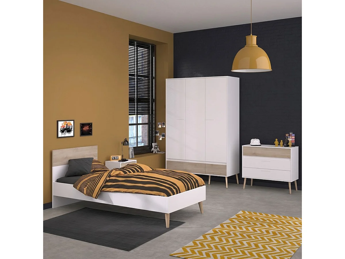 Chambre complète lit 90x190 avec 1 chevet 1 armoire 3P et 1 commode - BORGALL