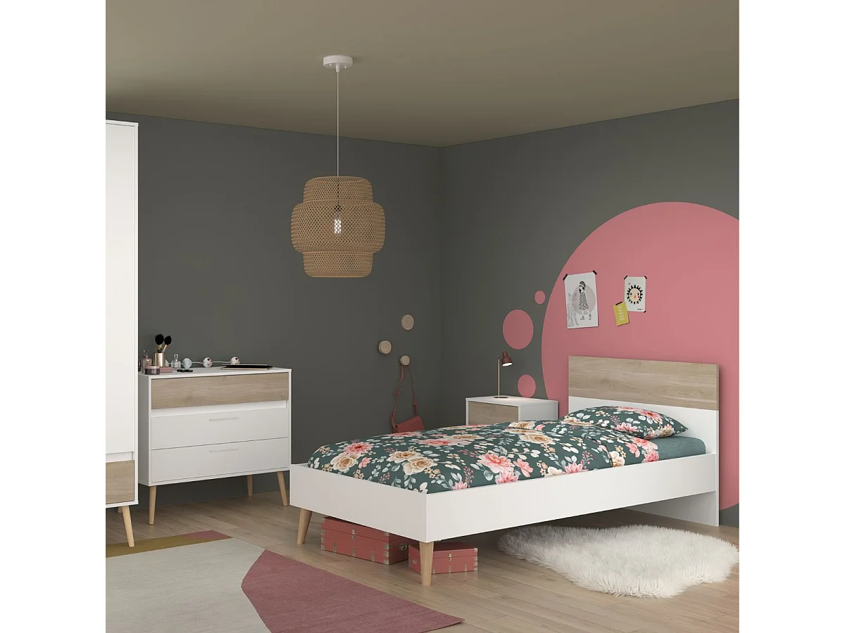 Chambre complète lit 90x190 avec 1 chevet 1 armoire 3P et 1 commode - BORGALL
