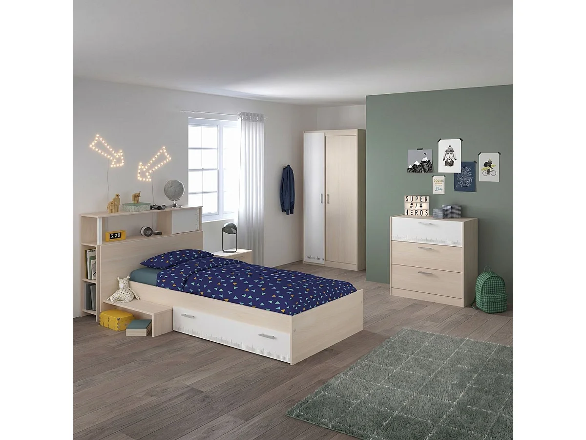 Chambre lit 90x190 avec environnement 1 armoire 2P et 1 commode - CHARLINE