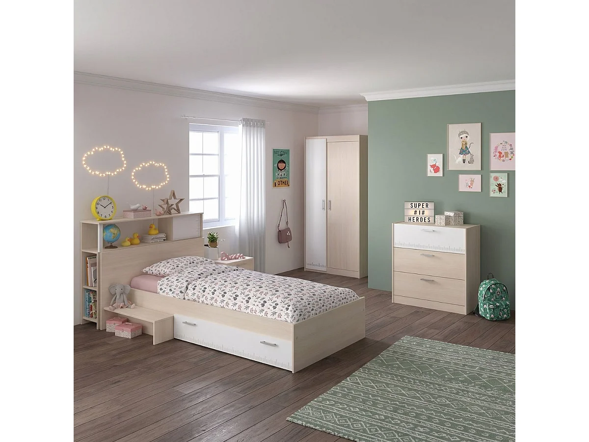 Chambre lit 90x190 avec environnement 1 armoire 2P et 1 commode - CHARLINE