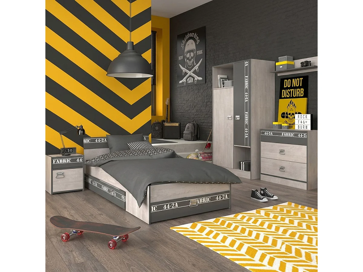 Chambre lit 90x200 avec tiroirs + 1 chevet + 1 armoire + 1 commode aspect bois grisé - ZIGGY