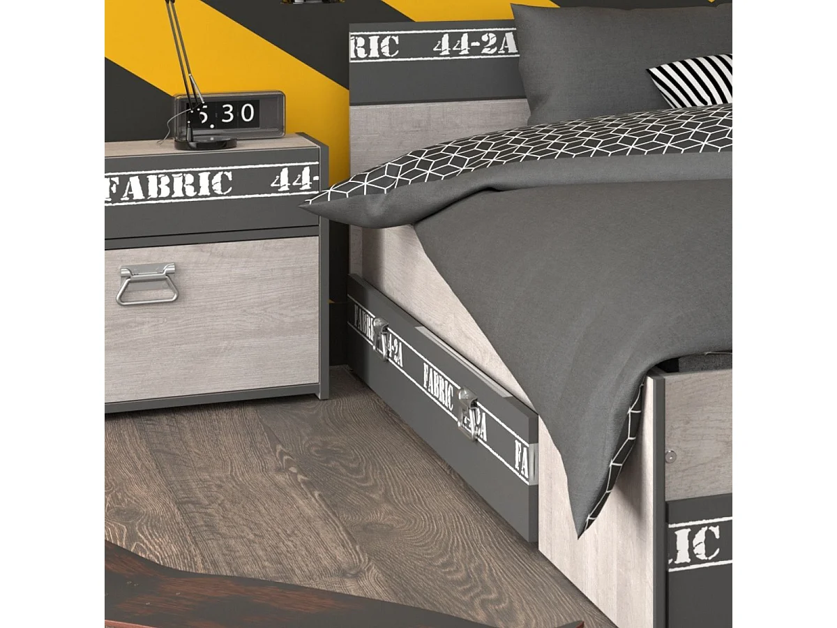 Chambre lit 90x200 avec tiroirs + 1 chevet + 1 armoire + 1 commode aspect bois grisé - ZIGGY