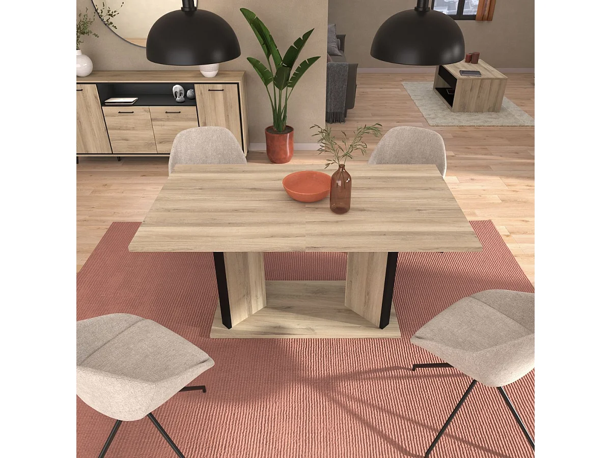 Table repas extensible 160-200cm aspect chêne piètement central avec encadrement noir - OSTAREL