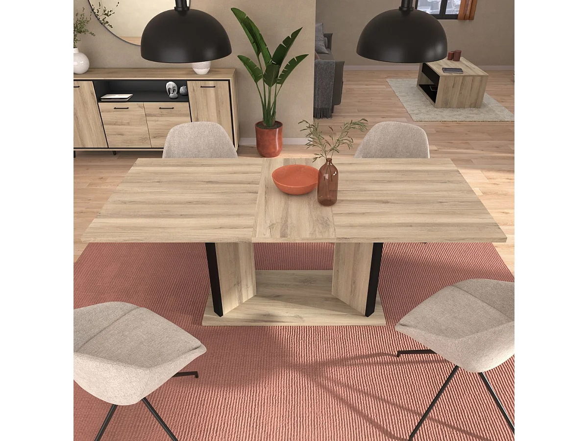 Table repas extensible 160-200cm aspect chêne piètement central avec encadrement noir - OSTAREL