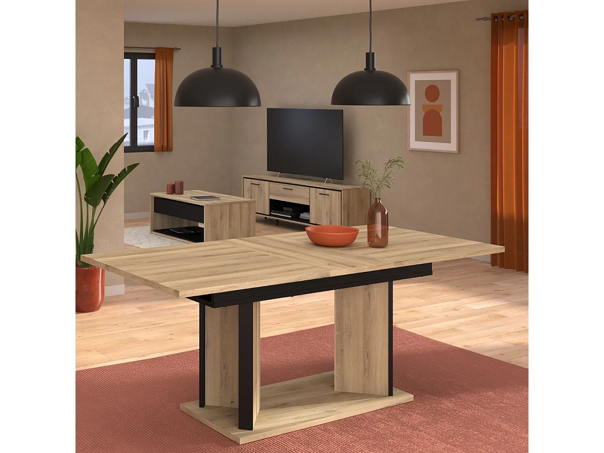 Table repas extensible 160-200cm aspect chêne piètement central avec encadrement noir - OSTAREL