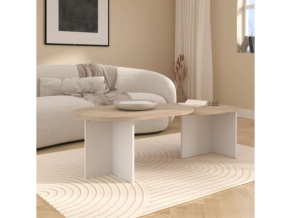 Tables basses gigogne plateaux arrondis aspect bois piétement blanc - TIFFENE