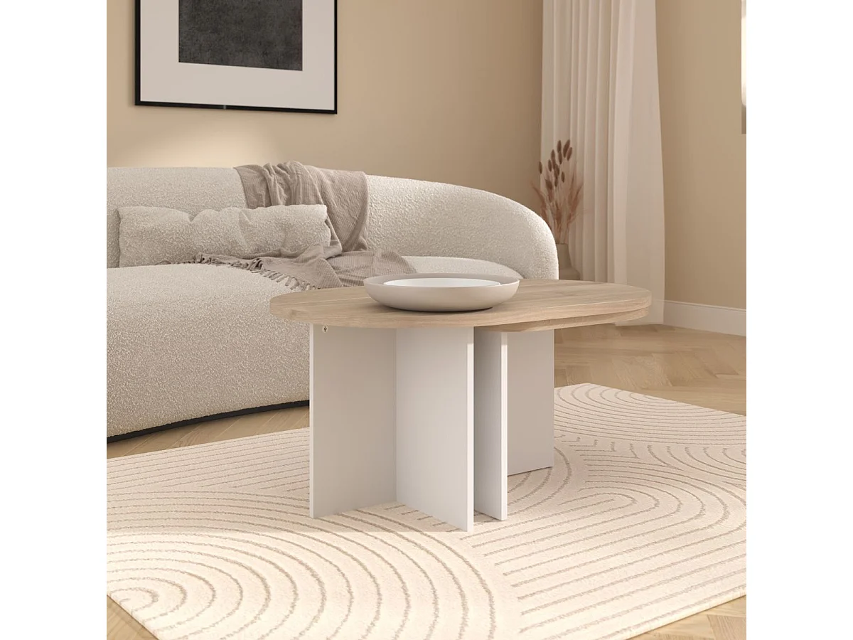 Tables basses gigogne plateaux arrondis aspect bois piétement blanc - TIFFENE