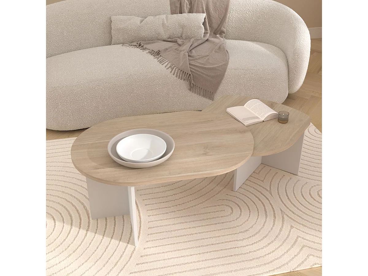Tables basses gigogne plateaux arrondis aspect bois piétement blanc - TIFFENE