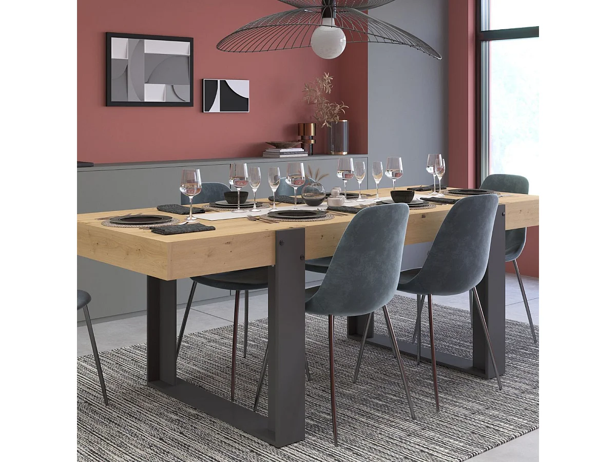 Table repas 220cm plateau aspect chêne pieds U en métal anthracite - YOUENN