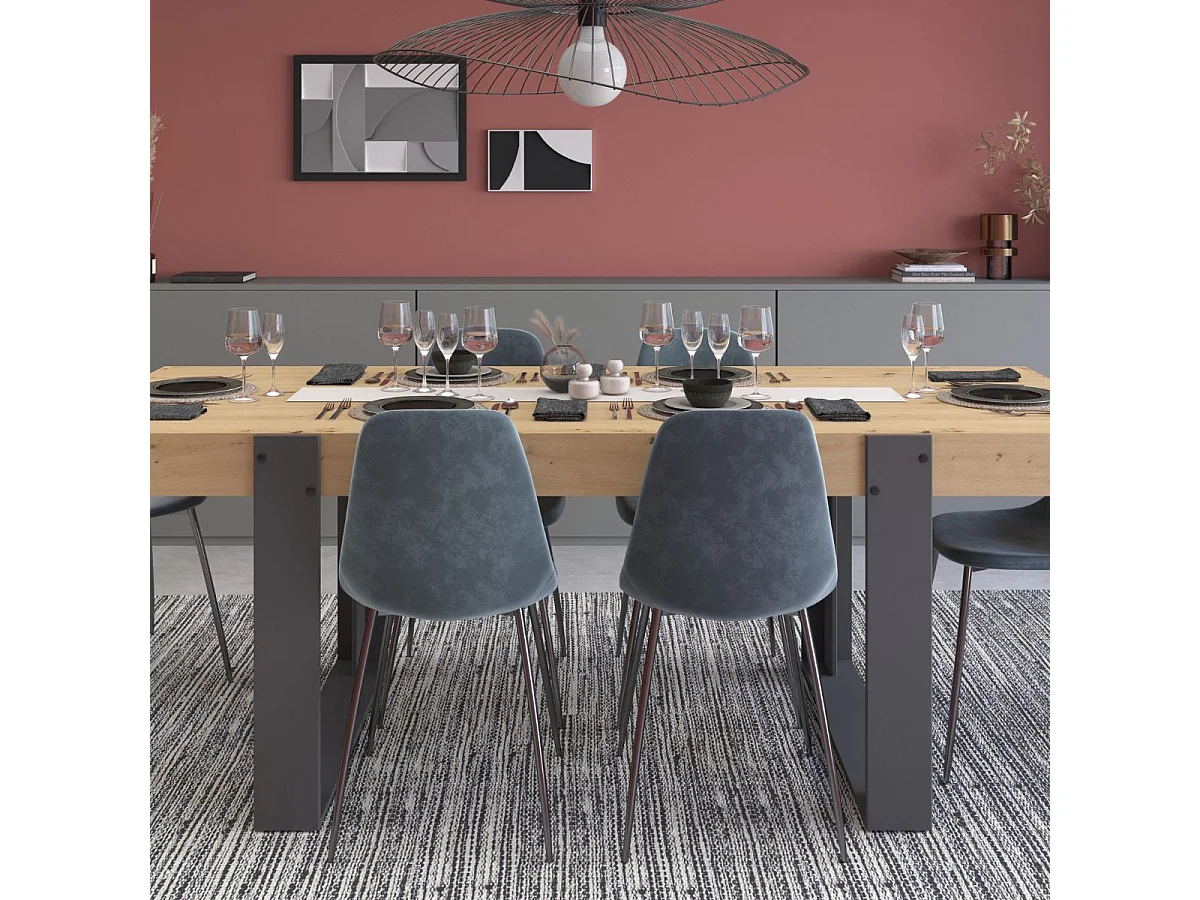 Table repas 220cm plateau aspect chêne pieds U en métal anthracite - YOUENN