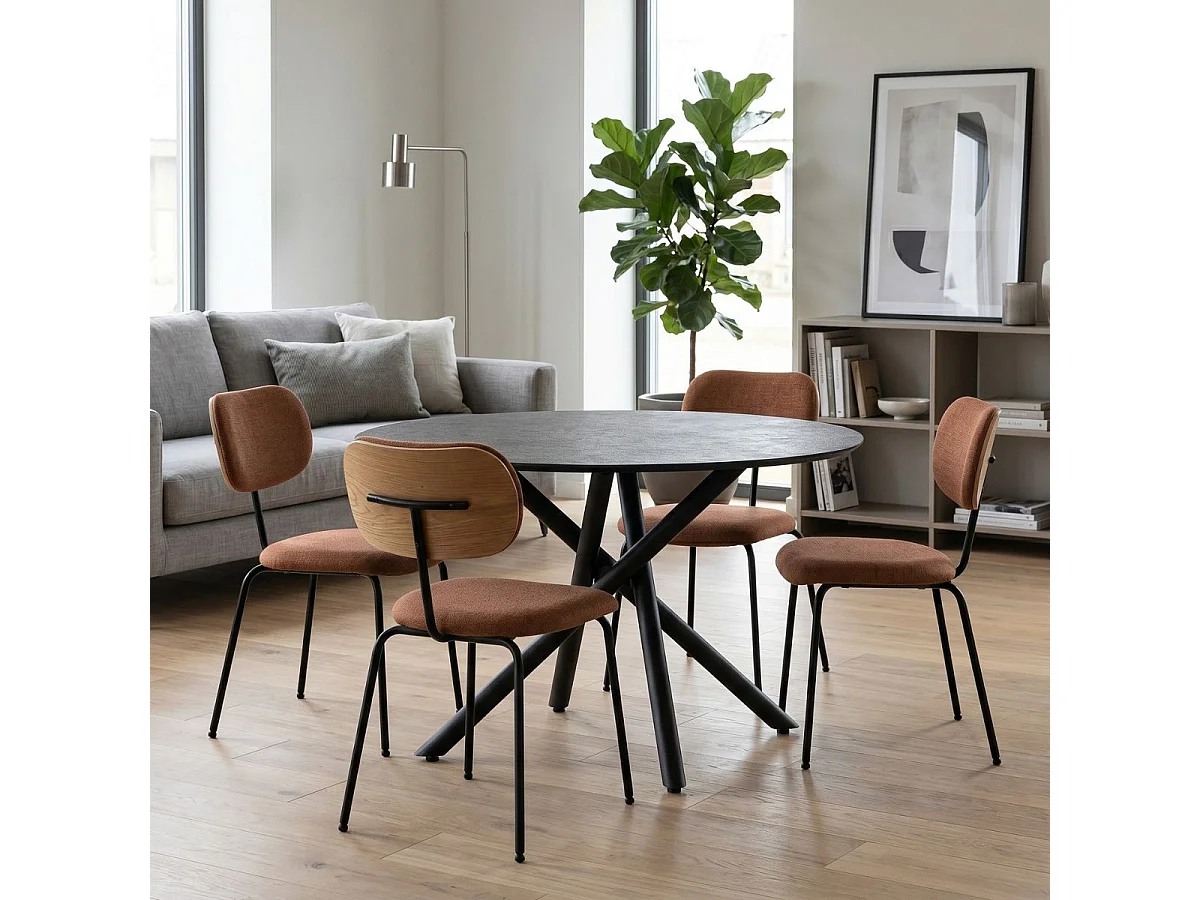 Table ronde design + 4 chaises tissu brique et métal noir - AMAEL