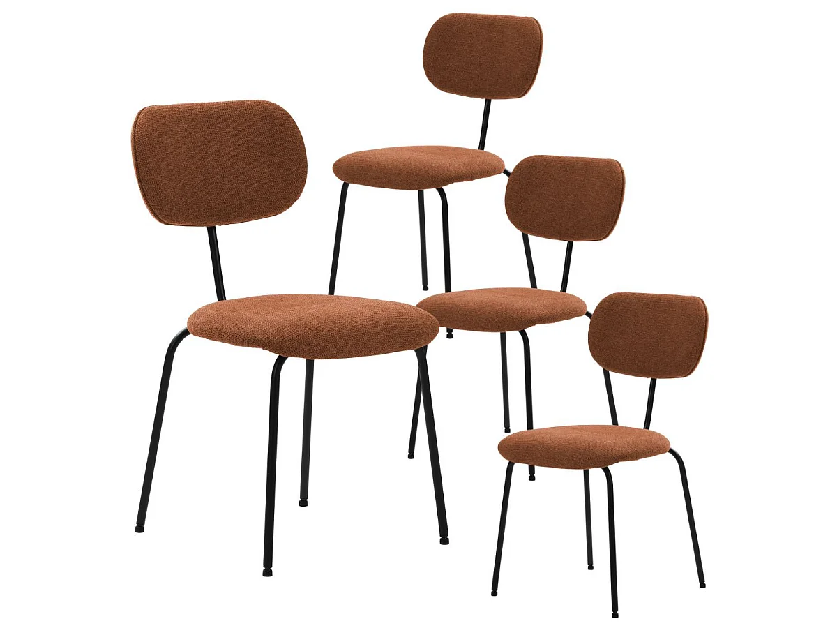 Table ronde design + 4 chaises tissu brique et métal noir - AMAEL