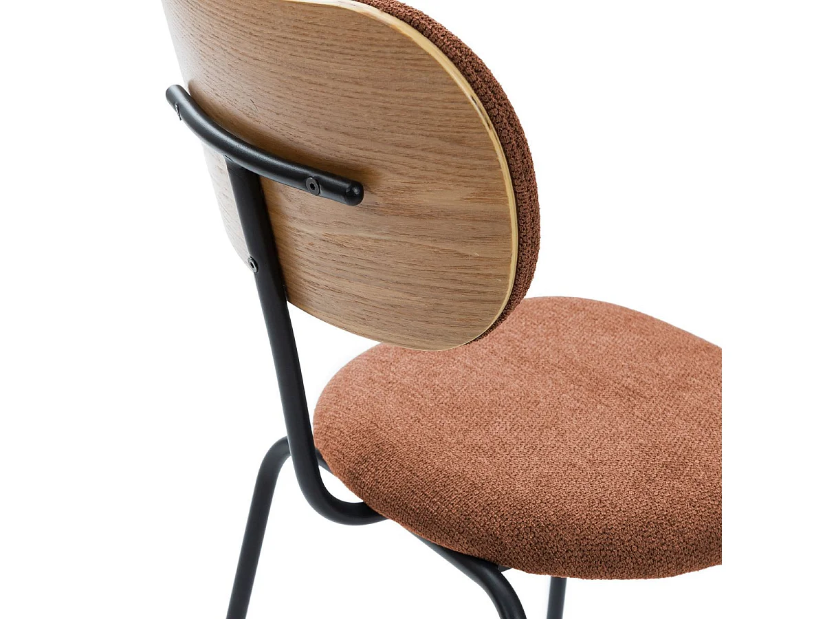 Table ronde design + 4 chaises tissu brique et métal noir - AMAEL