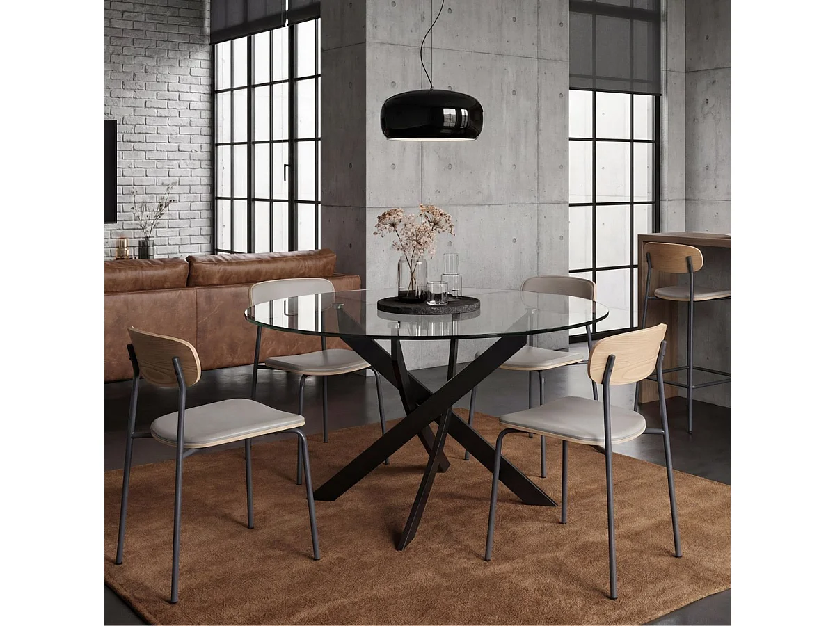 Table ronde design + 4 chaises bois-PU beige et métal noir - DESIAL