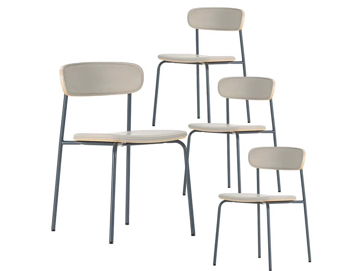 Table ronde design + 4 chaises bois-PU beige et métal noir - DESIAL