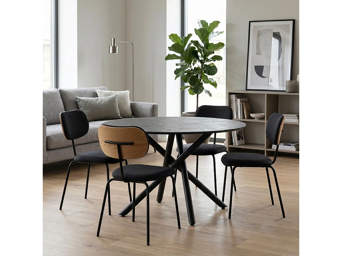Table ronde design + 4 chaises tissu noir et métal noir - AMAEL