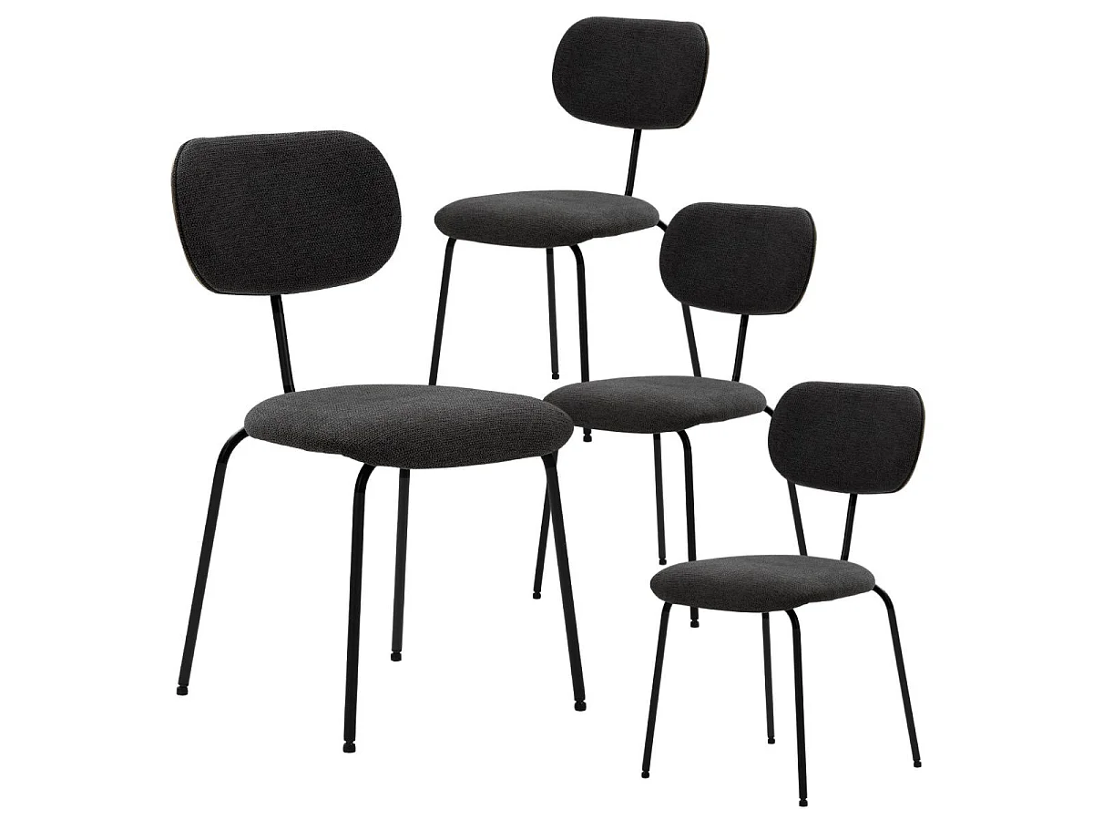 Table ronde design + 4 chaises tissu noir et métal noir - AMAEL