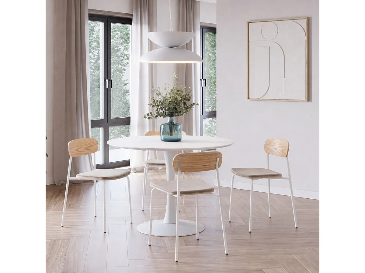 Table ronde blanche + 4 chaises bois beige et métal blanc - CANTIQUE