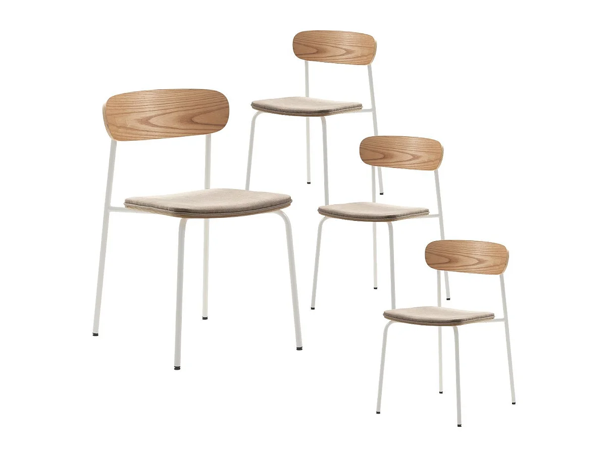 Table ronde blanche + 4 chaises bois beige et métal blanc - CANTIQUE